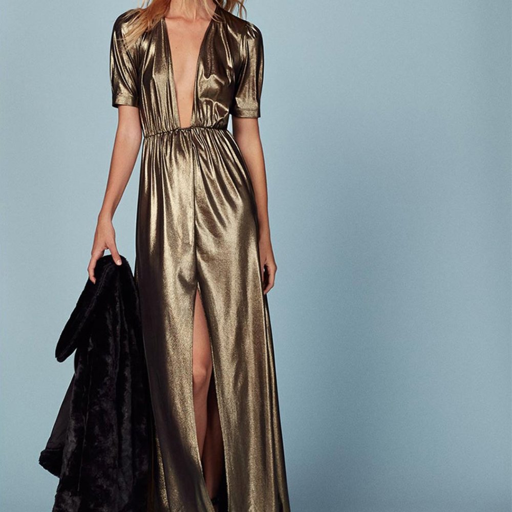 Reformation Adeline Maxi Dress Deep V Metallic Dress | Size: S